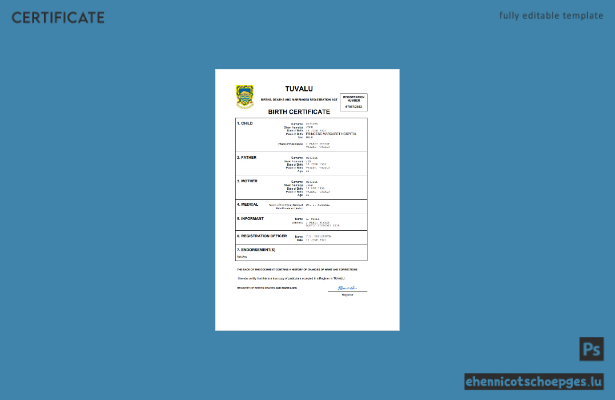 Beispielvorschau einer Geburtsurkunde aus Tuvalu in Word und PDF